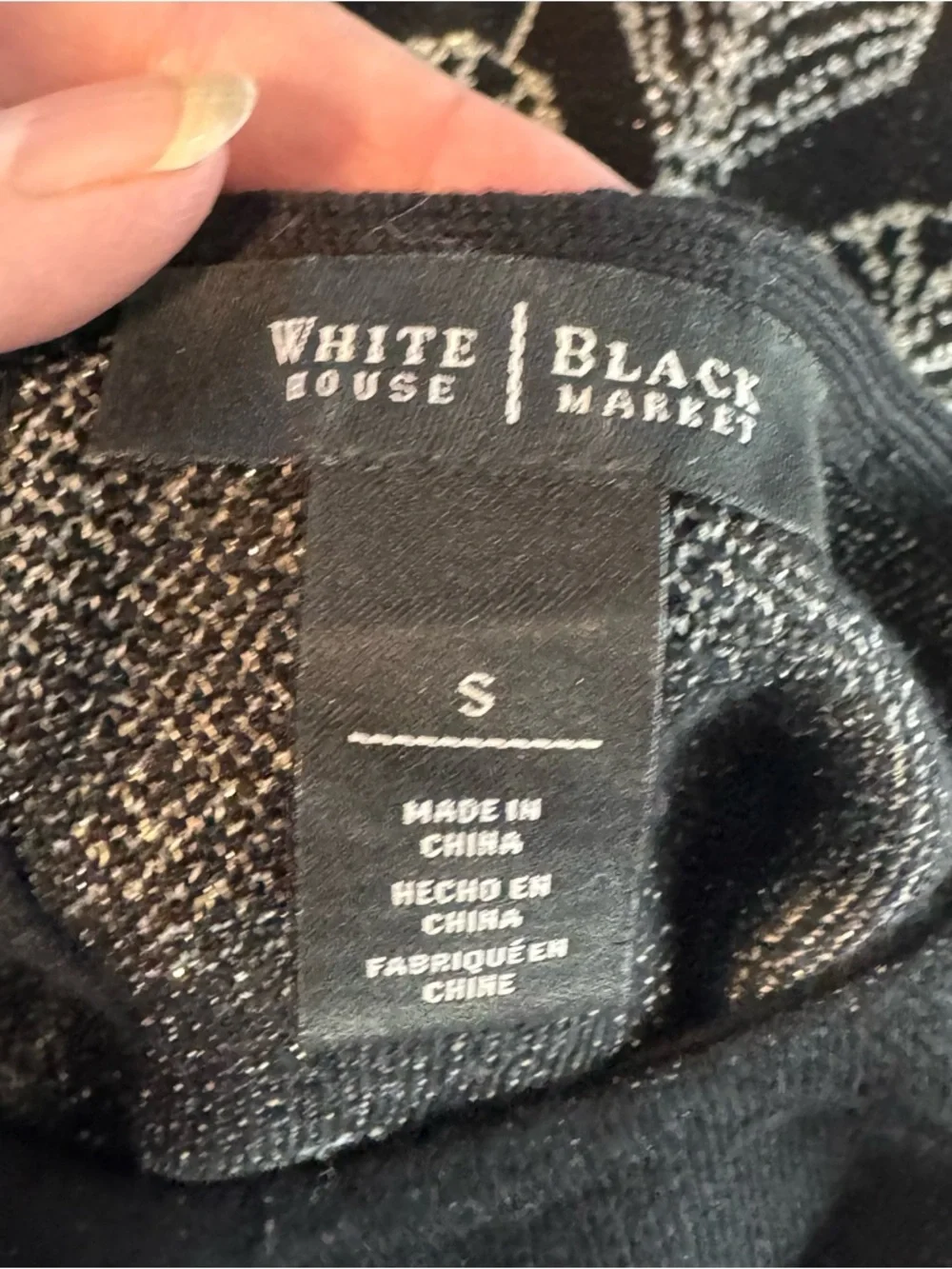 White House Black Market Sm Black Crew Neck Sweater Gold/Silver Metallic Design